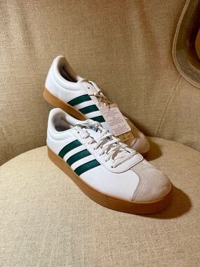 New w tags! Adidas VL Court Base sneaker. Green/White/Tan. Size 10.5